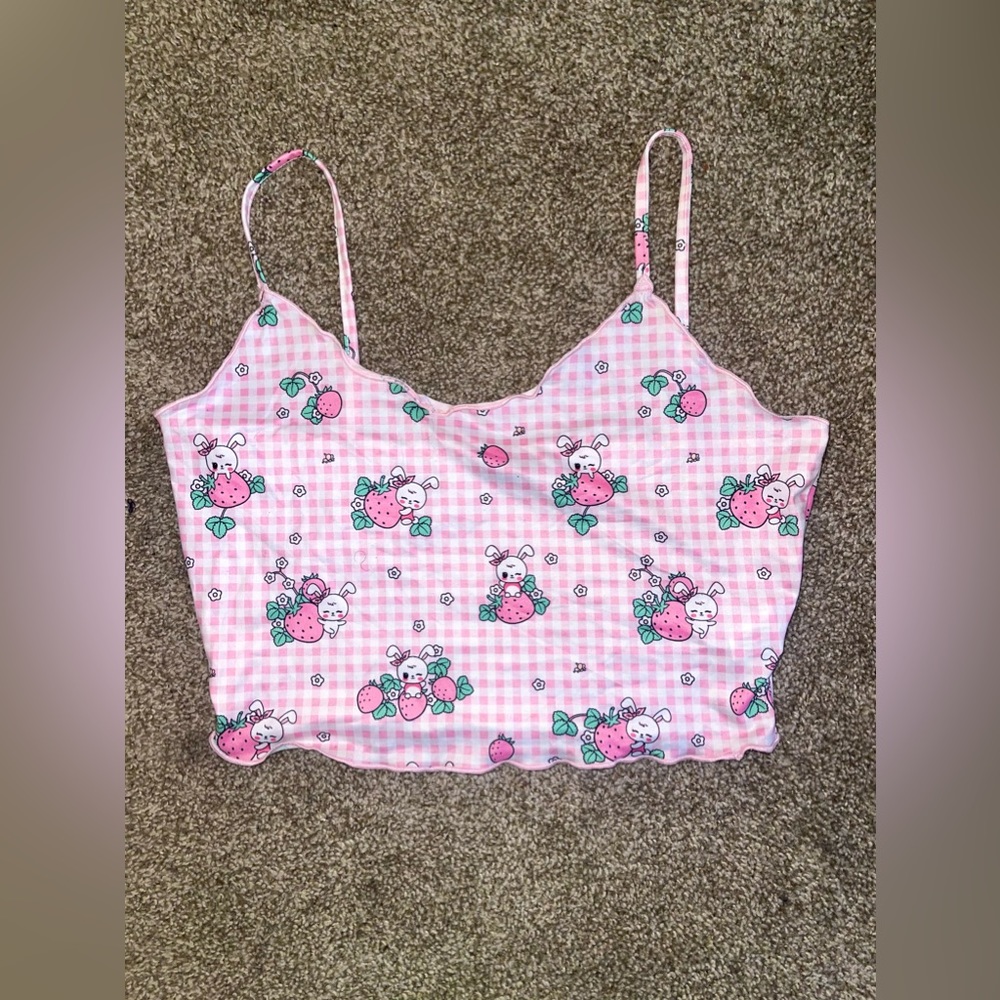 Shein Pink with Green Detailing Lettuce Rim Tank Top